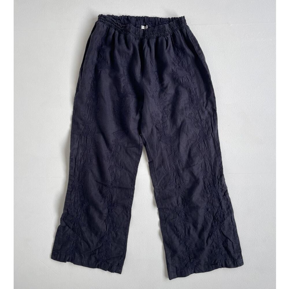 Johnny Was JW Los Angeles Black Embroidered Linen Pants / Palazzo Side Slit XL